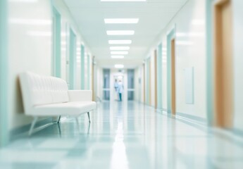 Blurred hospital corridor with white sofa and medical staff in background, clean modern interior with copy space for banner design, healthcare concept in real photo style