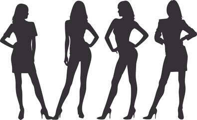 Black silhouette vector art of a dancing woman and girls showcases fashion style and beauty