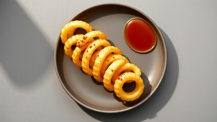 Top-down shot of golden Hweori Gamja on modern plate, crisp spiral texture with dip. Clean minimal layout, ultra-realistic and artistically lit, perfect for mockups.