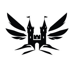 Geometric, symmetrical castle tower logo. Black silhouette on white background, minimal flat vector style. Clean lines, balanced composition for strong brand identity © Roxxxxxxxxx