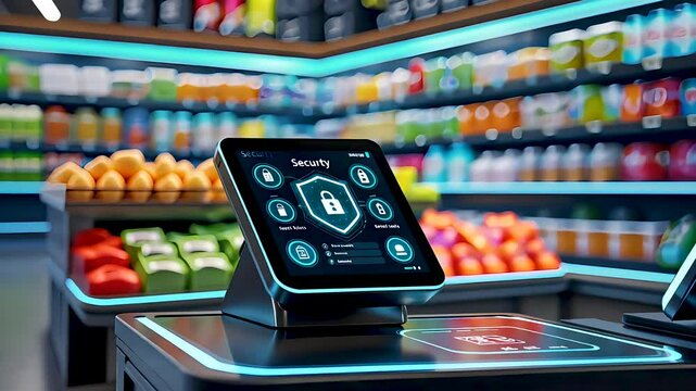 Digital self-checkout terminal in grocery store with fruit display in background