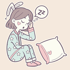  Sleepy Girl in Pajamas with a Bunny Slipper