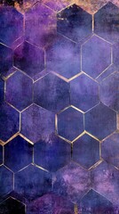 Hexagon mosaic wall, dark purple, gold lines, distressed texture