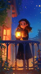 A young girl holding a lantern on a balcony under a starry night sky