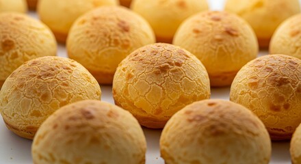 Brazilian snack cheese bread exposed for sale Brazilian food white food background. Brazilian food