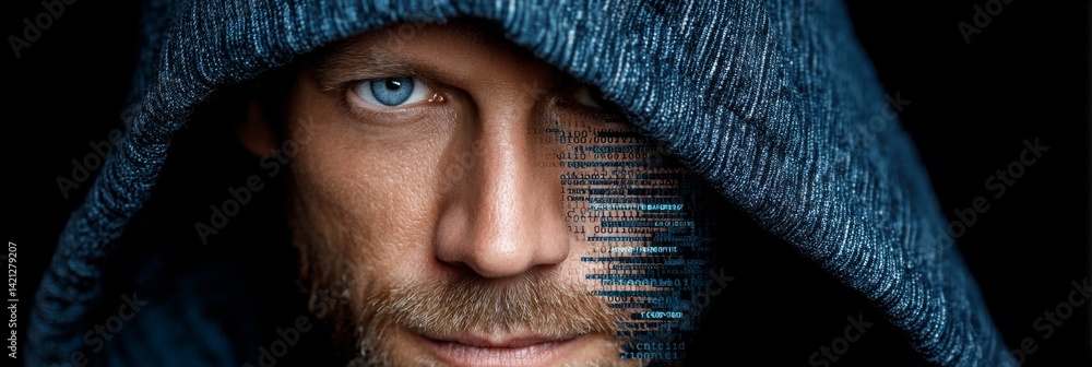 Poster cybersecurity threats, double exposure portrait of man and binary code exploring online espionage.