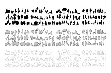 Architectural Drawings, people vector in park out door illustration, Minimal style hand drawn, set elements for architecture and landscape design. Sections, Elevations, Floor Plans.