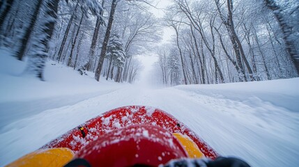 Exhilarating descent: First-person perspective of tobogganing down a snow-covered path through a winter forest with snowy trees, capturing the thrill and beauty of the winter landscape