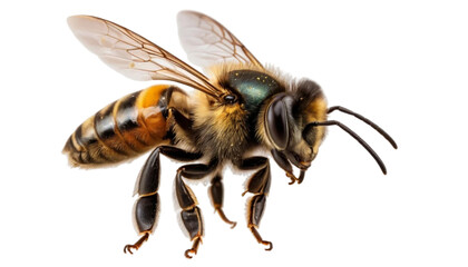 A stunning bee is flying, isolated on transparent background, macro, incredible pollinator