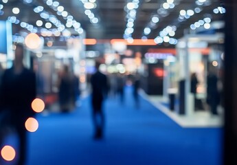 Abstract blurred background of international industrial exhibition with booth displays and visitors on blue carpet floor in modern indoor space