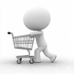 Minimalist 3D cartoon character pushing shopping cart in white and gray tones, simple clean design on white background