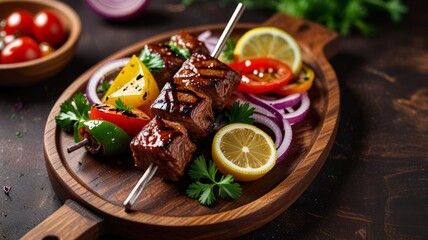 Grilled kebab skewers served on wooden plate with red onion, lemon, parsley, tomato sauce. Delicious gourmet food.