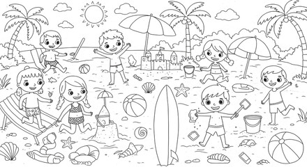 hello summer coloring page in A4 size, beach theme. You can print it on standard A4 paper at 300 dpi for high-quality printing.