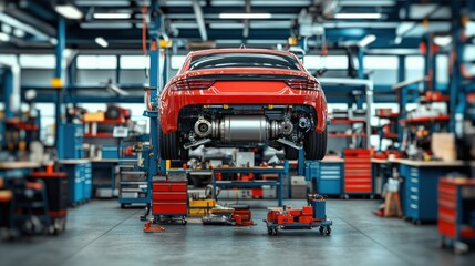 Red car on lift in garage