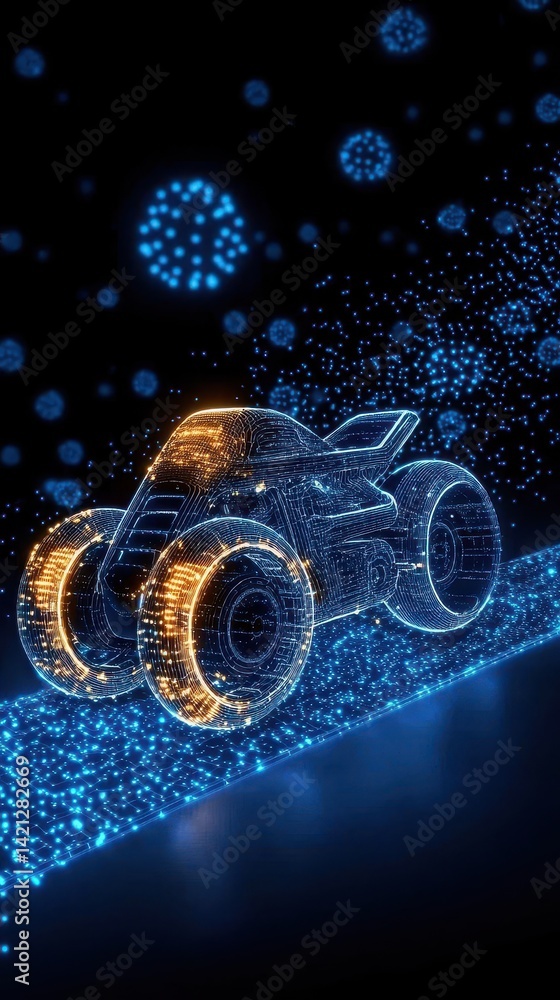 Poster a futuristic 3d representation of a racing car, glowing with blue and orange lights, set against a d