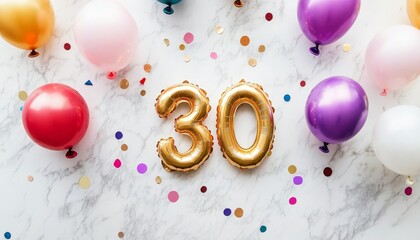 Gold Number 30 Balloons With Festive Colorful Balloons And Confetti For 30th Birthday Celebration