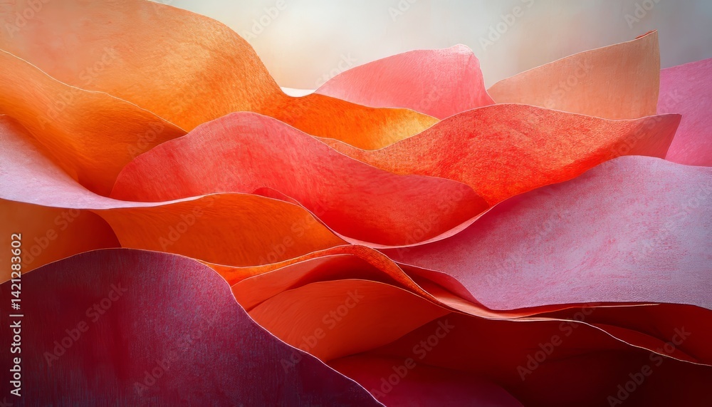Poster abstract composition, vivid fluid red and pink paper layers forming waves on a gradient background