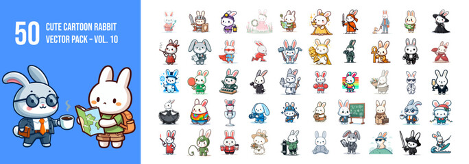 Fototapeta premium 50 Vector Cartoon Rabbit Characters Set Pack - Vol. 10