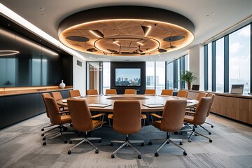 Modern Office Design Featuring Round Conference Table and Stylish Workstation Area