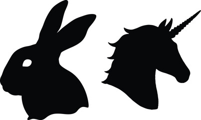 Elegant black silhouettes of a rabbit and a unicorn on a transparent background perfect for design projects and whimsical art