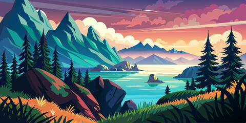 Amazing Sea and mountains landscape flat vector illustration at sunset time, Panorama Green fields, fresh and peaceful rural nature in summer time with green grass