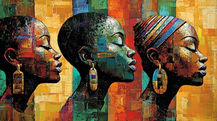Expressionist portraits of african female profiles in vibrant colors. Africa day