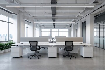 Contemporary Minimalist Open Office Design Featuring Vacant Workstations in White and Grey Tones