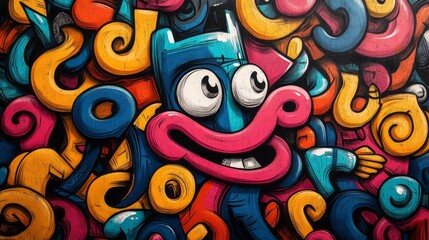 Obraz premium Colorful cartoon character smiles amid abstract shapes and patterns