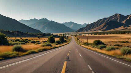 Naklejka premium Open road stretches towards horizon. Clear blue skies, scenic mountains near lake, road trip, daytime. 