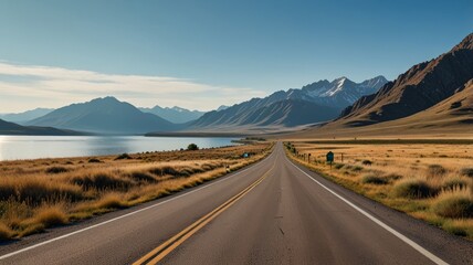 Open road stretches towards horizon. Clear blue skies, scenic mountains near lake, road trip, daytime. 