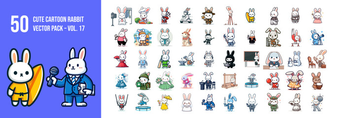 50 Vector Cartoon Rabbit Characters Set Pack - Vol. 17