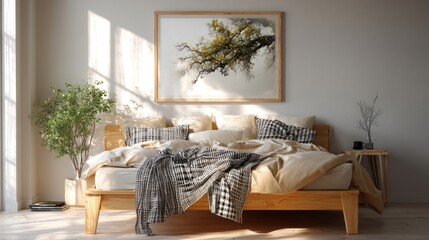Sunlight streams into a serene, natural bedroom.