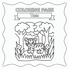 Cartoon Tiger Line Drawing – Coloring Book Page with Minimalist Forest Landscape. International Children's Book Day.