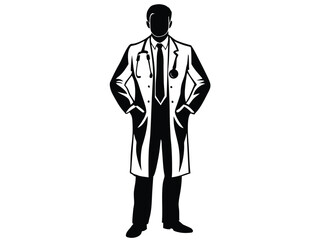 Black silhouette of a standing doctor in a suit with crossed arms shows a confident business person