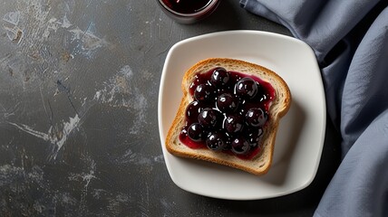 Slice of toast with blueberry jam on white background. Delicious breakfast snack. Sweet fruit dessert with bread and berries.