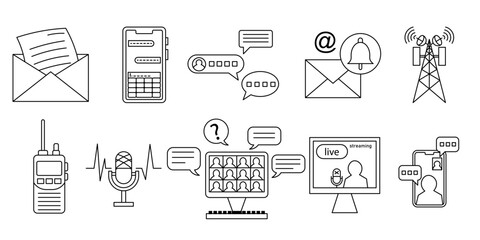 set representing modern communication with line style. email, messages, video calls, streaming and online chat. editable strokes