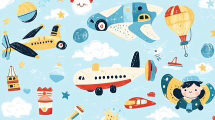 Whimsical Airplane Adventure: A Colorful Childrens Illustration Featuring Airplanes, Cars, and Hot Air Balloons Soaring Through a Dreamy Sky