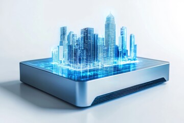 A futuristic city skyline digitally projected onto a sleek, modern technological device.