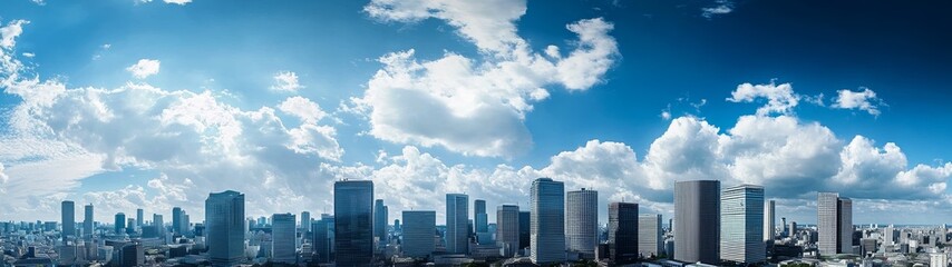 Panoramic view of Tokyo skyline with city center buildings and clouds in a wide-angle daytime scene, blue and white tones highlighting modern urban architecture