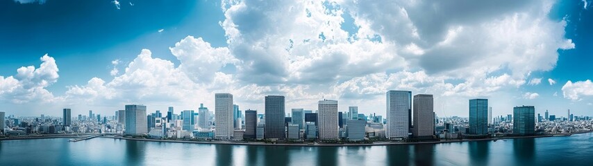 Obraz premium Panoramic view of Tokyo skyline with city center buildings and clouds in a wide-angle daytime scene, blue and white tones highlighting modern urban architecture