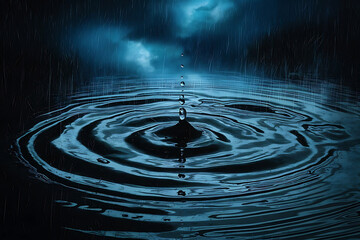 Night Rain with Water Droplets and Ripple Waves Deep Blue Aesthetic
