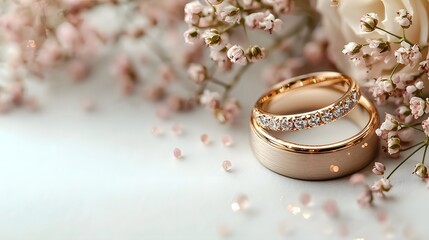 Elegant wedding rings with delicate floral background