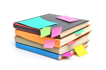A stack of colorful books with multiple sticky notes, suggesting reading, studying, or research.