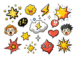 A vector set features funny cartoon stars, sun, and flower icons in yellow and orange, perfect for comic art and decoration