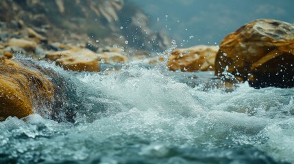 A Symphony of Water: Rapids Crashing Over Rocks in a Mountain Stream's Embrace, showcasing natural force and serene beauty