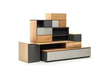 Modern modular shelving unit with oak and grey compartments, offering versatile storage solutions.