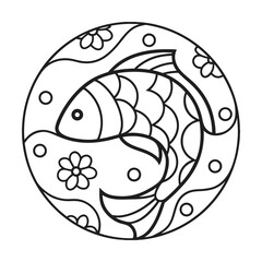 Black and white circular design featuring fish flowers and ornaments aesthetic illustration