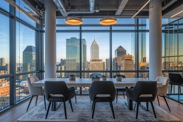 Stylish Coworking Space with City Skyline Views and Reflective Glass Design