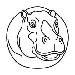 Cute hippo face line art design element circular frame wildlife illustration