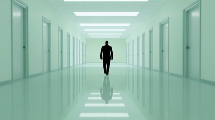 Fototapeta premium Solitary Figure in a Long, Empty Corridor: A Surreal Exploration of Isolation and Uncertainty